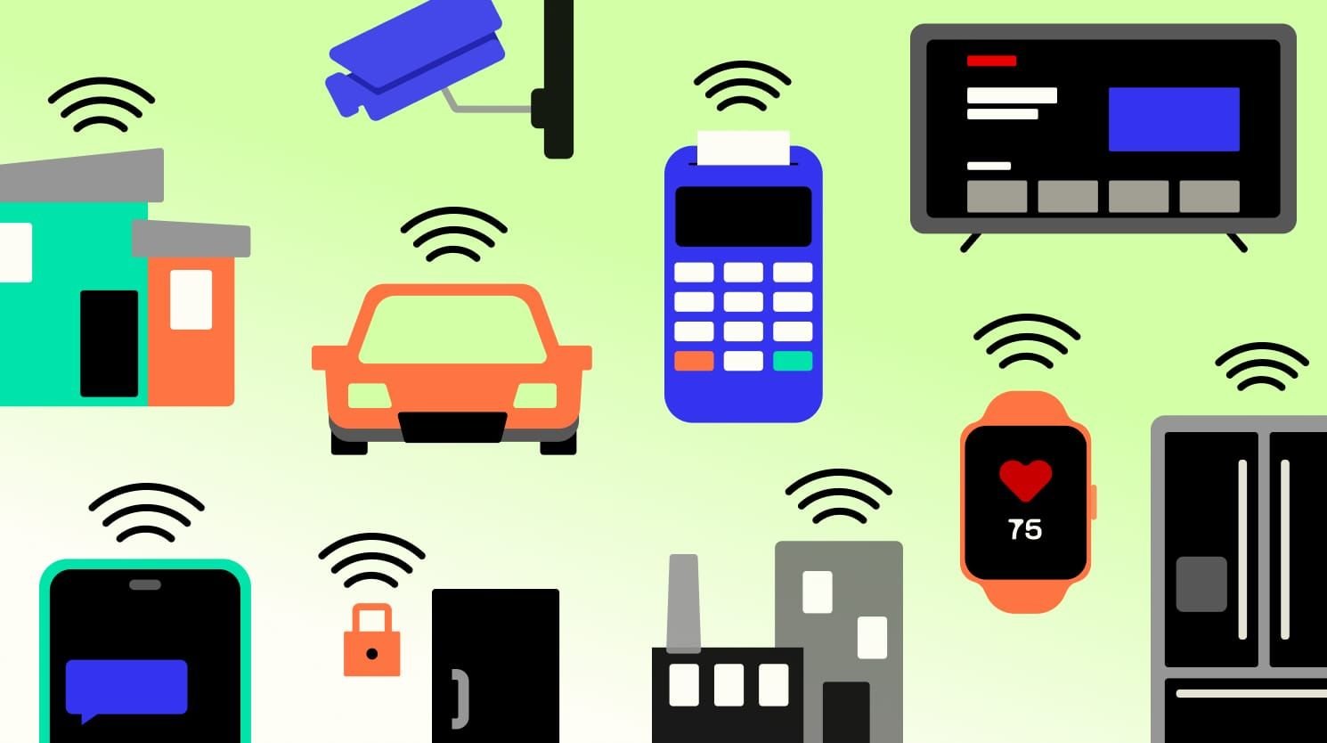 A sleek vector concept map showing smart devices interconnected via encrypted wireless networks.