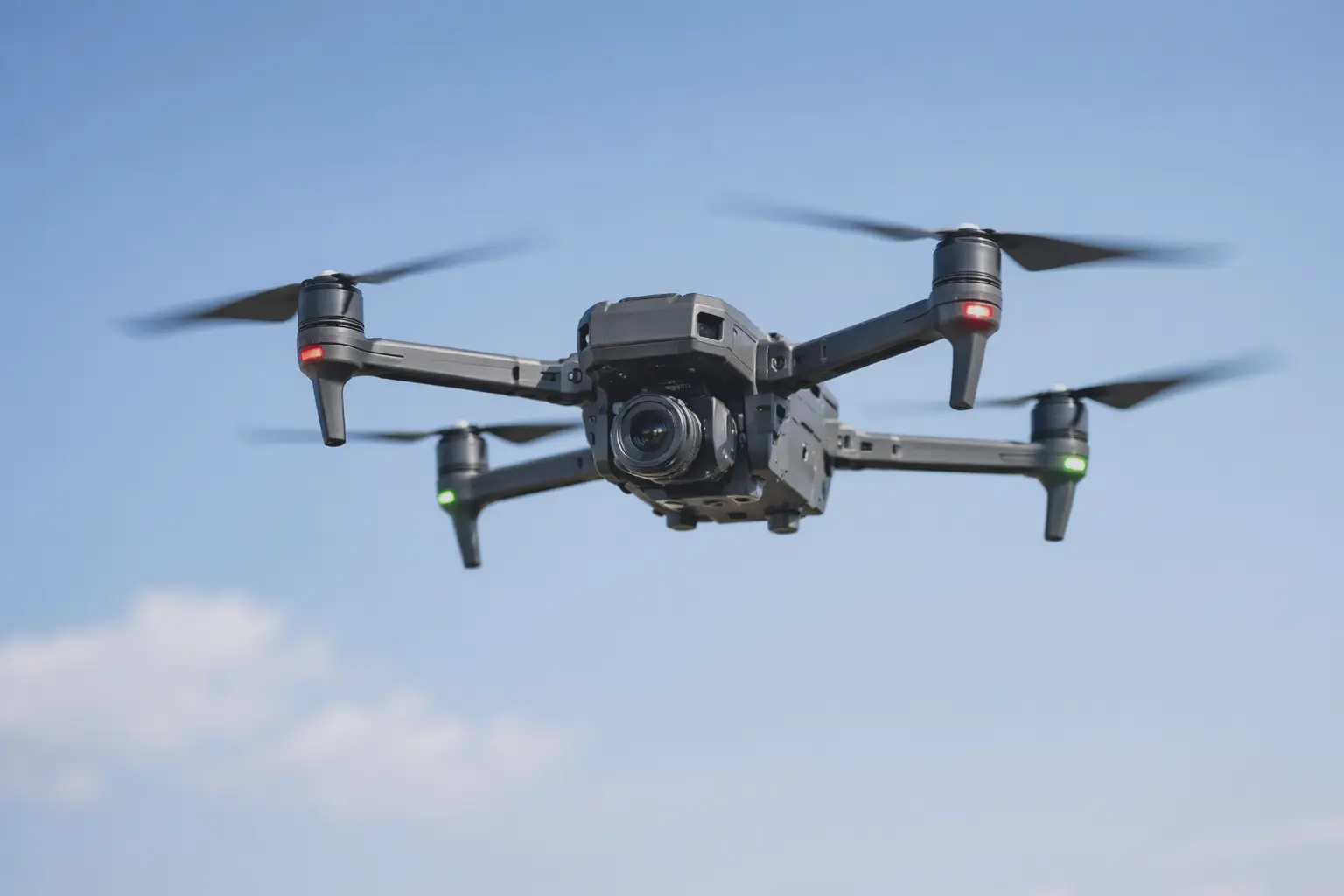 A modern commercial drone hovering steadily in the air during an autonomous aerial mapping training session.