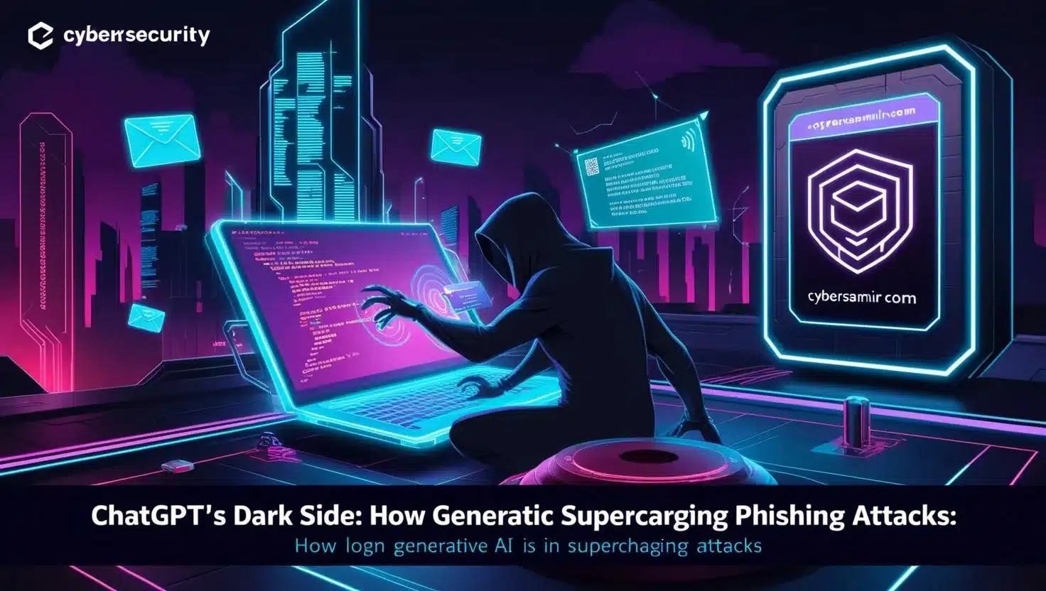 A cyberpunk illustration shows a hooded cybercriminal at a glowing laptop with floating emails and holographic screens, set in a neon-lit digital cityscape. A "cybersamir.com" logo is on a screen to the right. The title "ChatGPT’s Dark Side: How Generative AI is Supercharging Phishing Attacks" and subtitle are at the bottom, with the "Cybersecurity" logo in the top left. Colors are dark purples, blues, and neon accents.