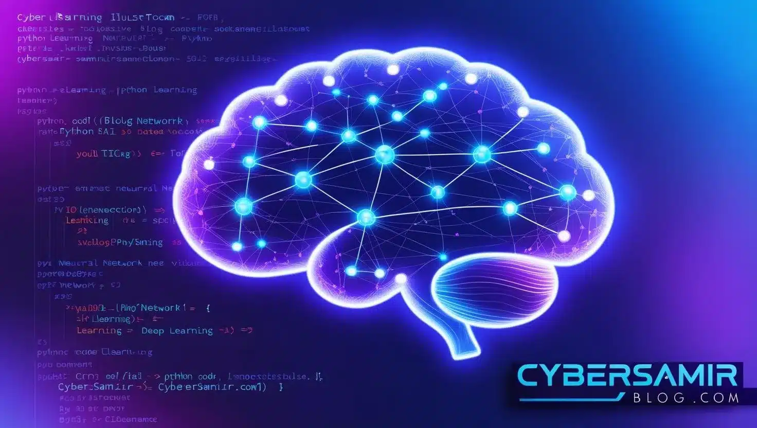 Illustration of a glowing digital brain neural network with Python code in the background, representing deep learning and AI.