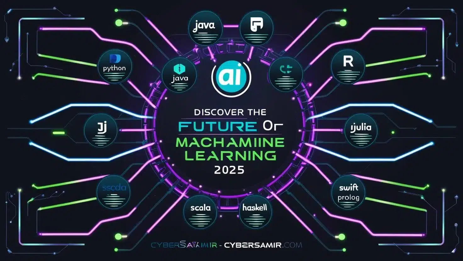 Futuristic neon-themed infographic showcasing the top 10 programming languages for AI and Machine Learning in 2025, including Python, Java, C++, R, Julia, JavaScript, Scala, Haskell, Swift, and Prolog. The design is interconnected with glowing circuit lines and features the branding "cybersamir.com" at the bottom.