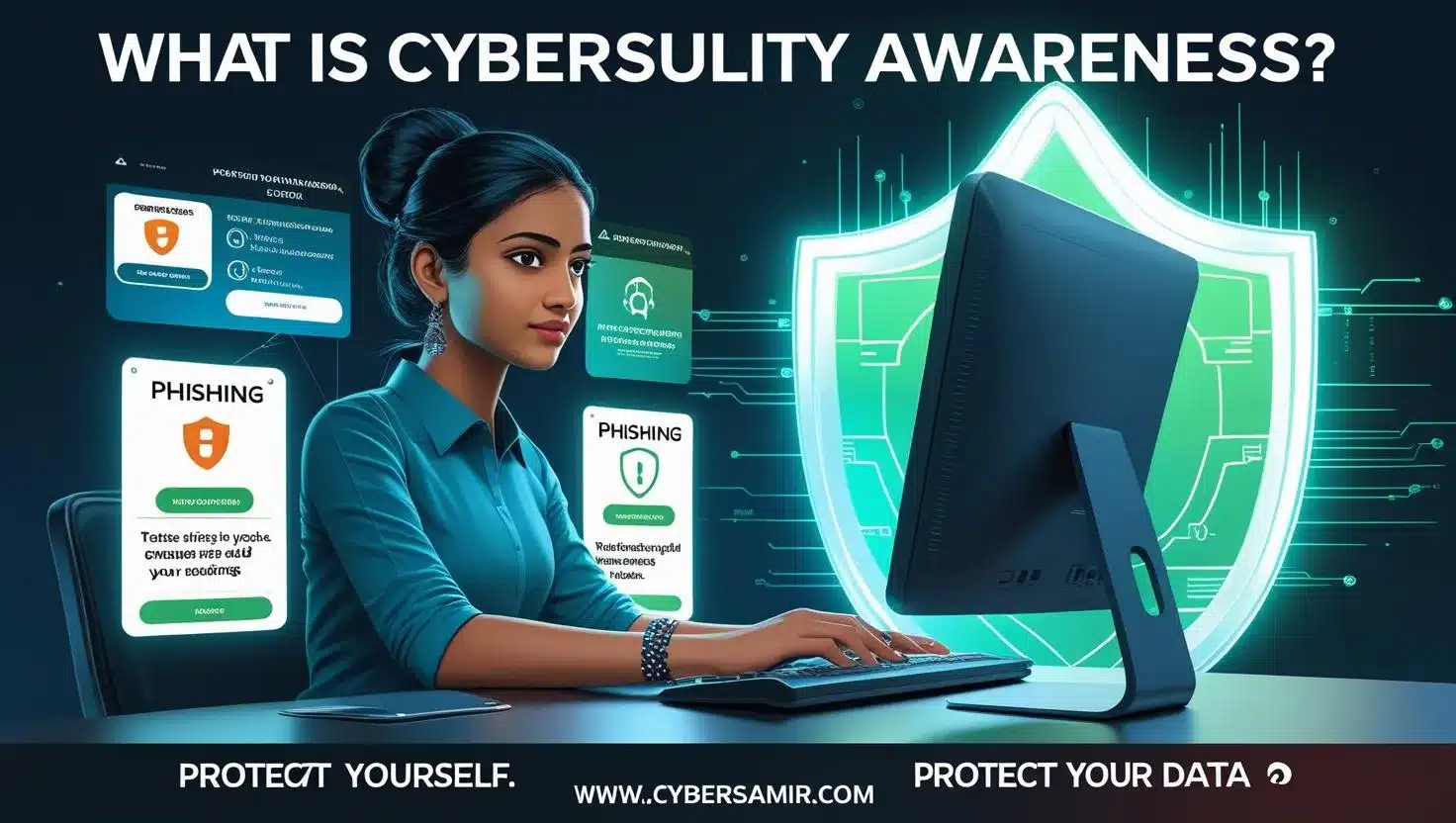 Employee training on cybersecurity awareness with phishing simulation on laptop screen