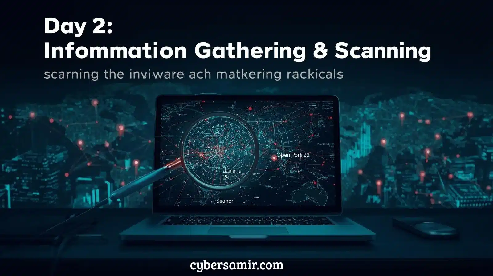 Illustration of ethical hacker performing information gathering on a target website.
