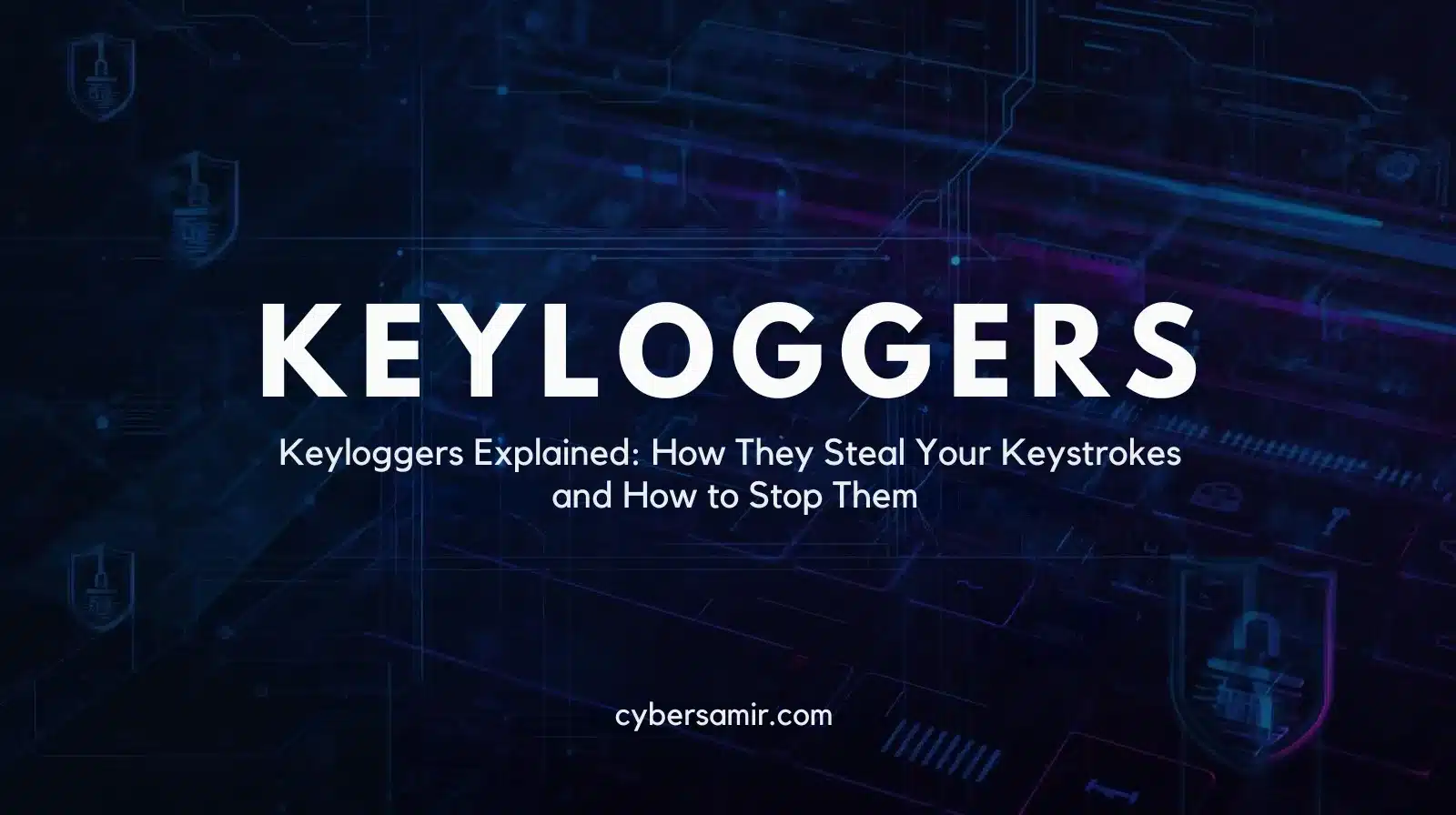 Illustration of a keylogger intercepting keystrokes with a shield representing protection