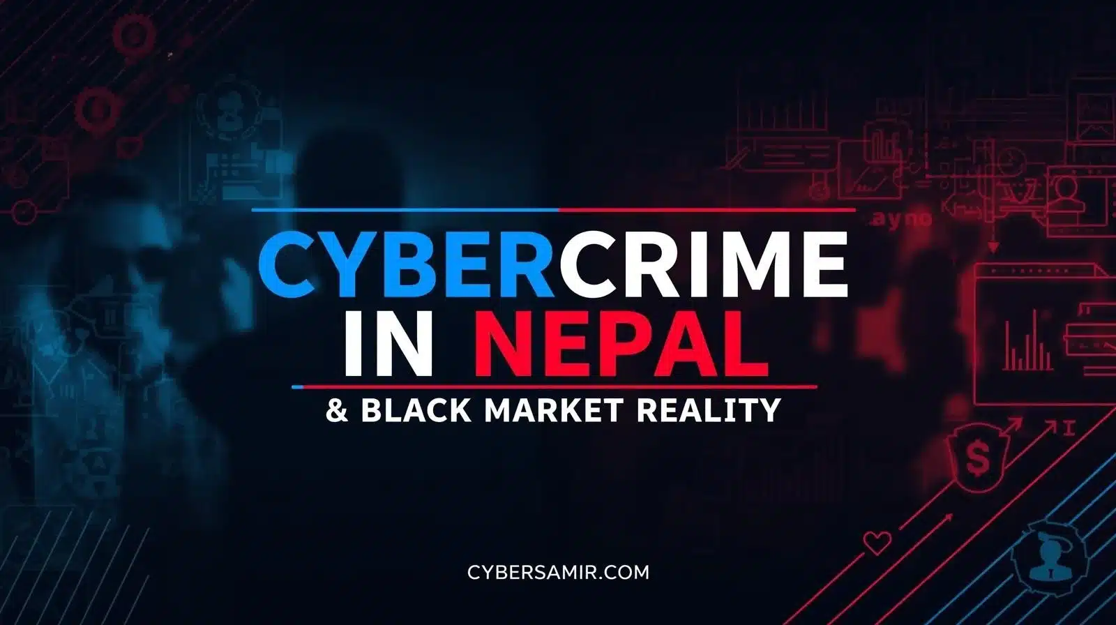 Dark-themed graphic representing cybercrime in Nepal with Telegram leaks and black market activity